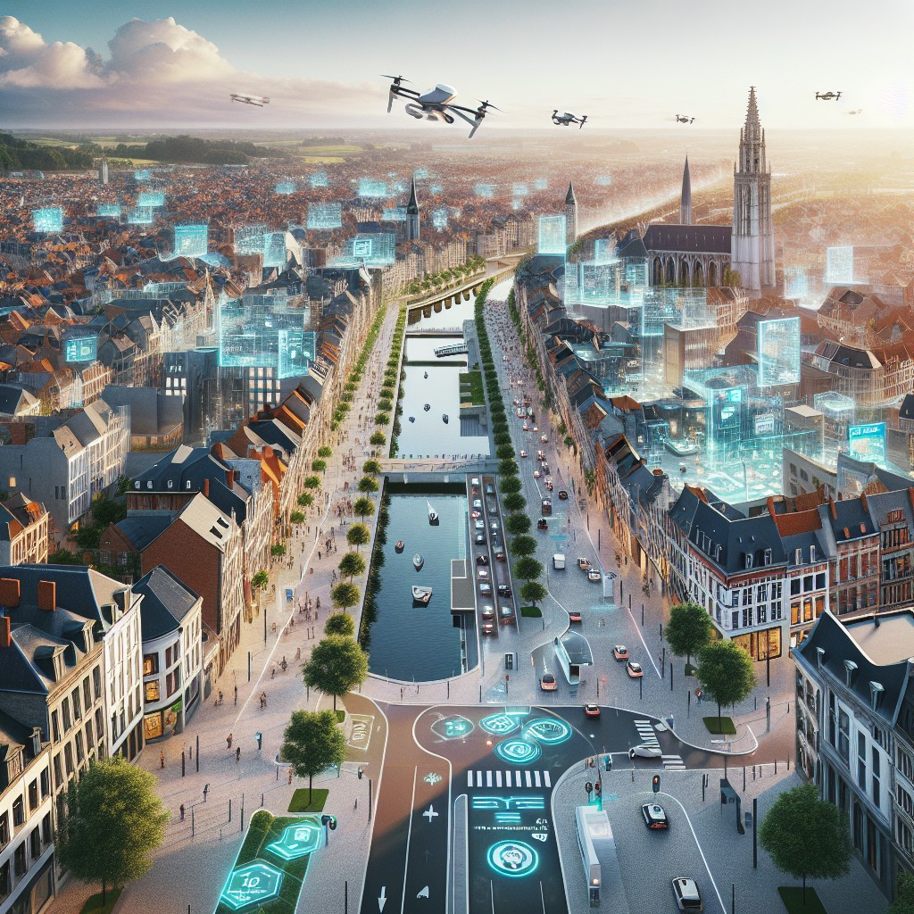 Vue aérienne moderne d'une ville belge illustrant l'innovation numérique.