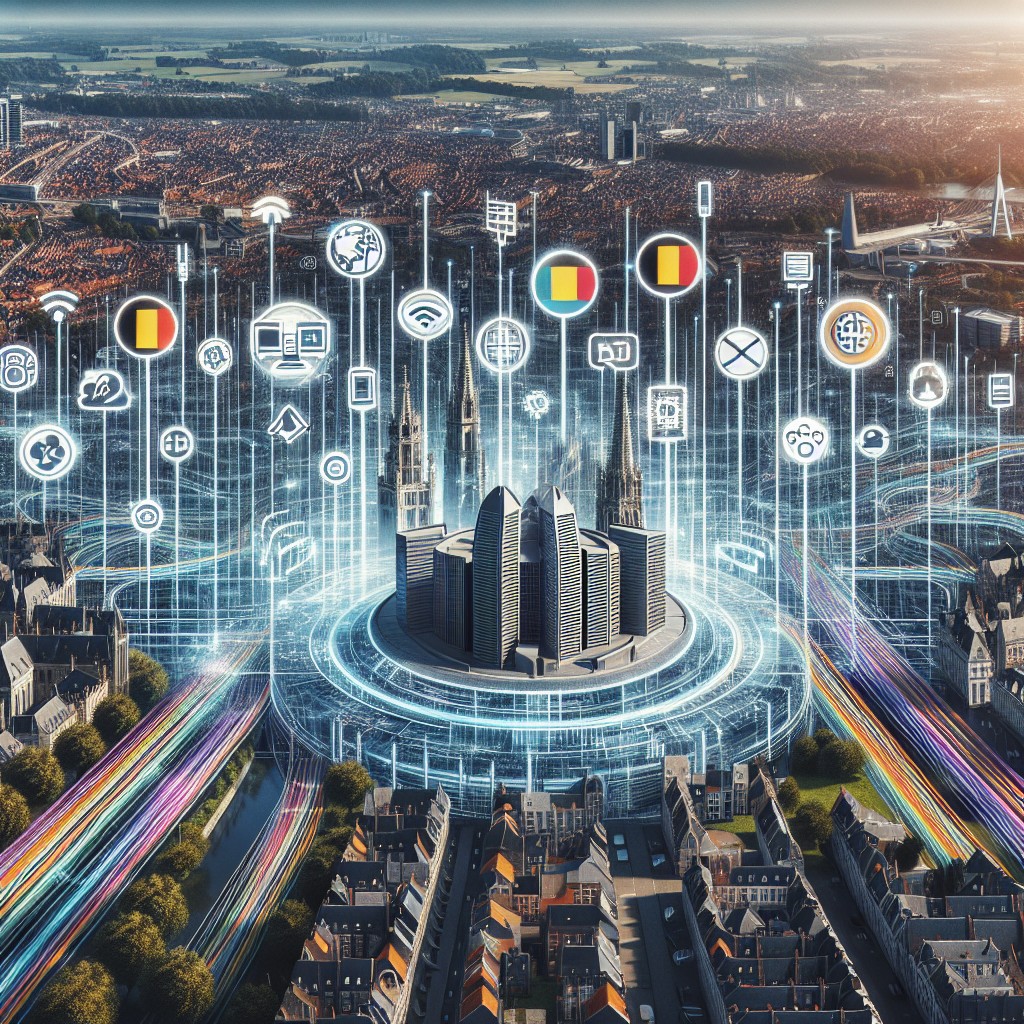 Un survol du paysage digital belge, montrant des éléments liés à la technologie, diversité linguistique et entreprise.