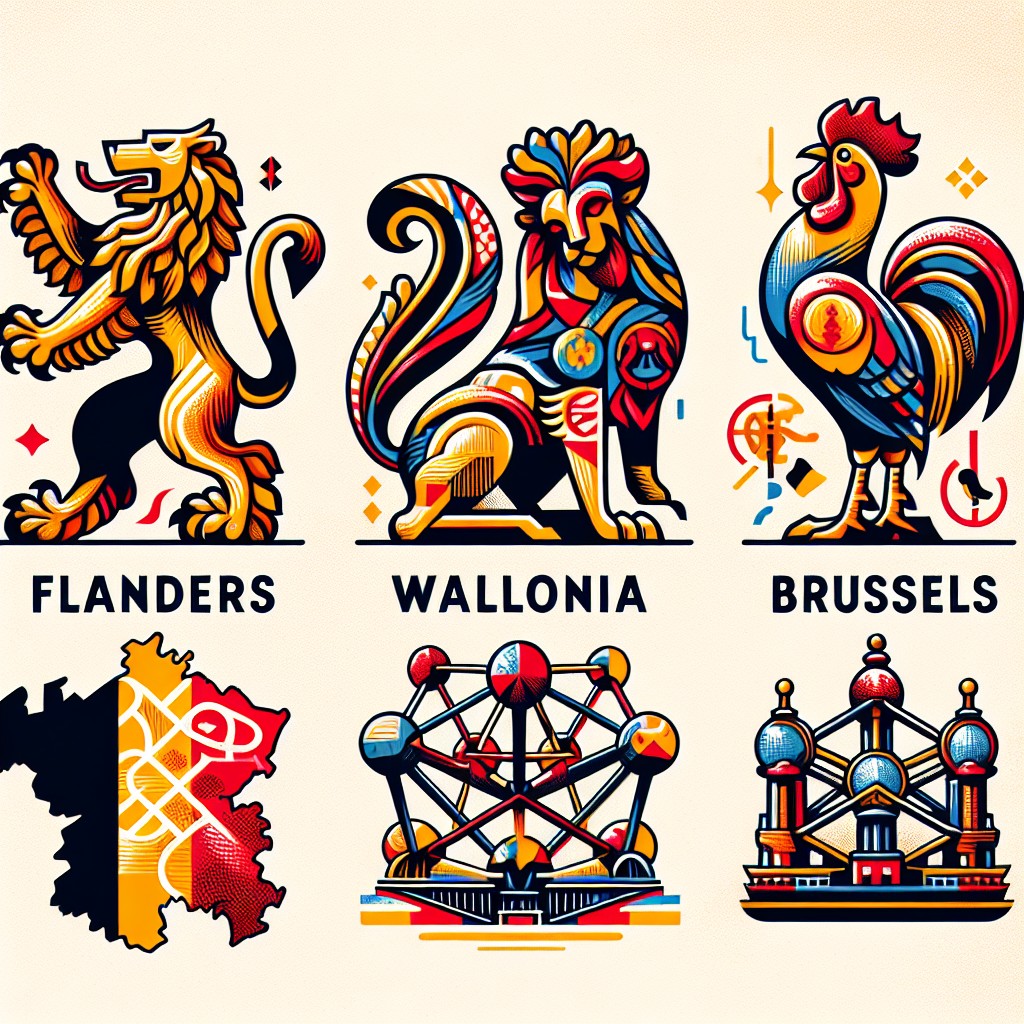 Diversité culturelle et linguistique en Belgique représentée par des icônes illustrant la Flandre, la Wallonie et Bruxelles