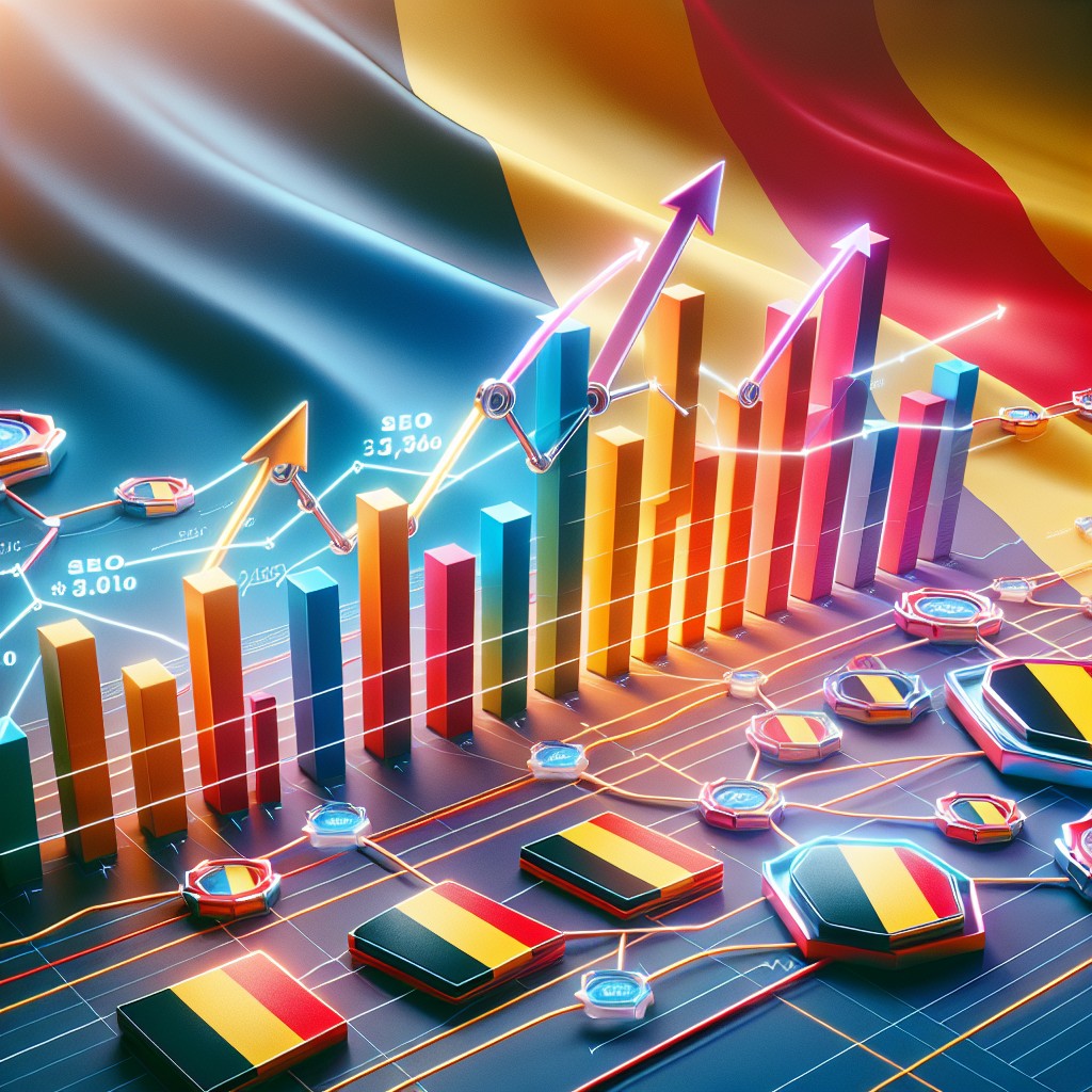 Une image montrant des diagrammes de croissance SEO, des backlinks et des drapeaux belges pour illustrer l'importance des liens dans le référencement en Belgique.
