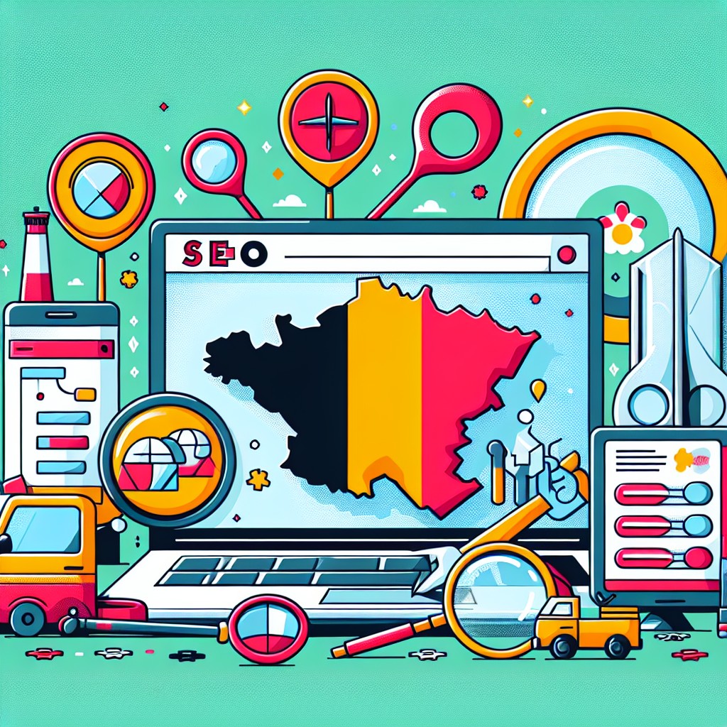 Illustration représentant des outils de SEO avec une carte de la Wallonie en arrière-plan.