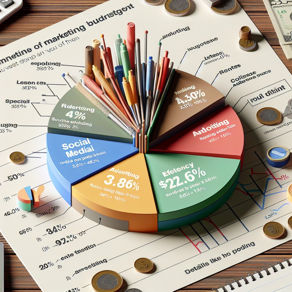 Graphique illustrant la répartition d'un budget marketing entre différents canaux comme les réseaux sociaux, la publicité en ligne, la radio, et les événements.