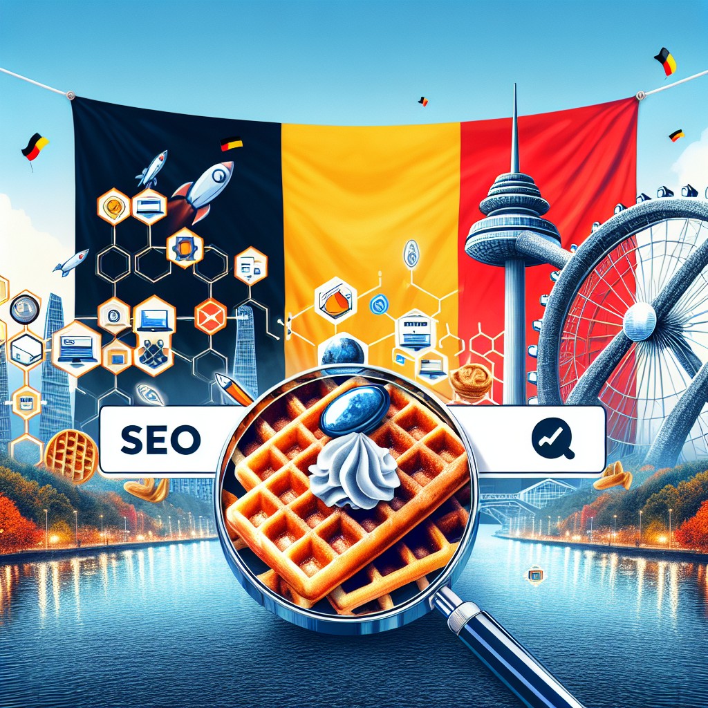 Image illustrant les concepts de SEO et SEA, avec des éléments symbolisant la Belgique.