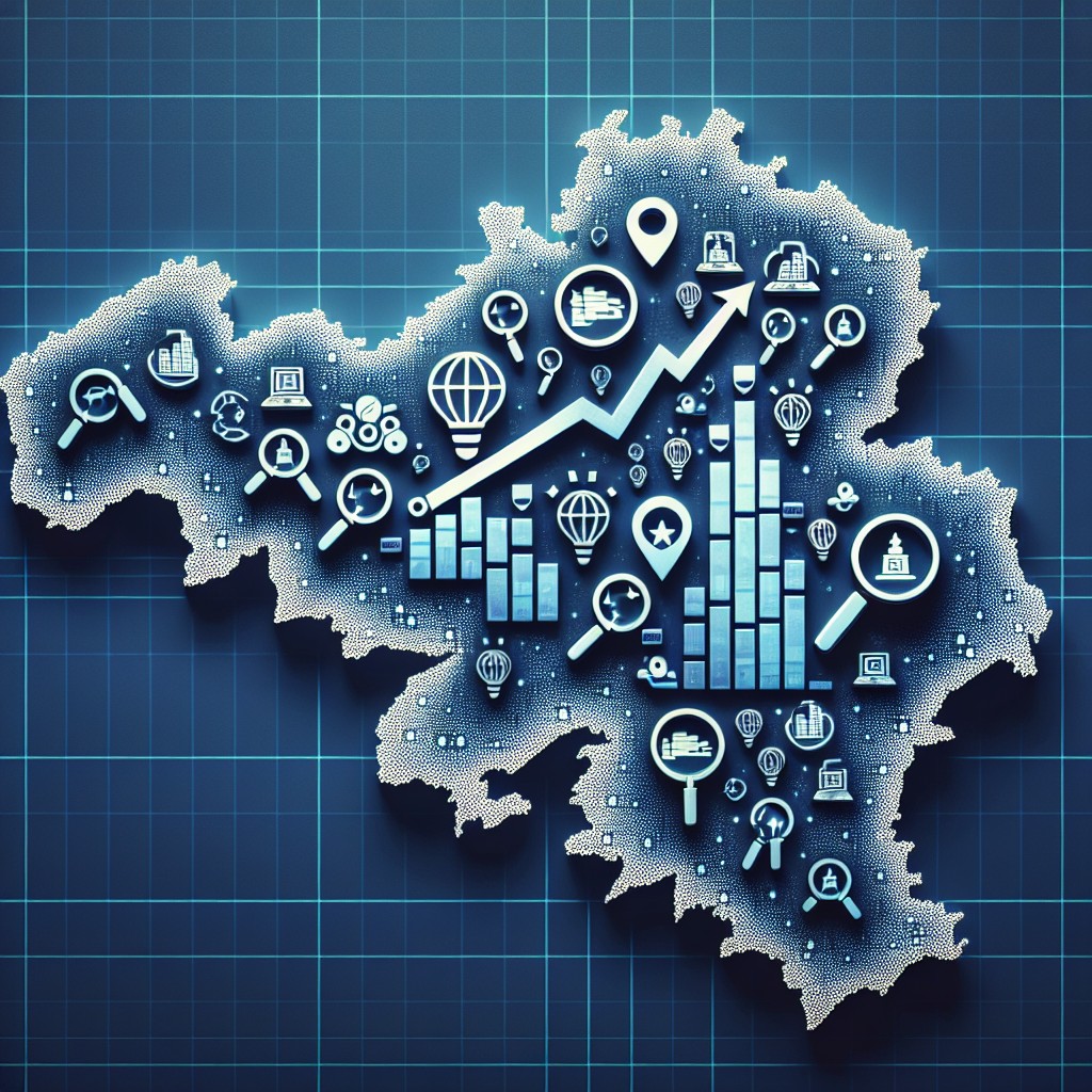 Une image représentant une carte de la Belgique avec des icônes de moteurs de recherche et de graphiques de croissance.