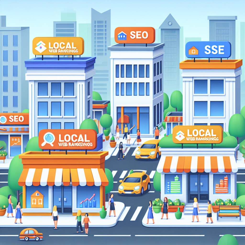 Illustration représentant des entreprises locales optimisant leur visibilité digitale grâce au SEO local