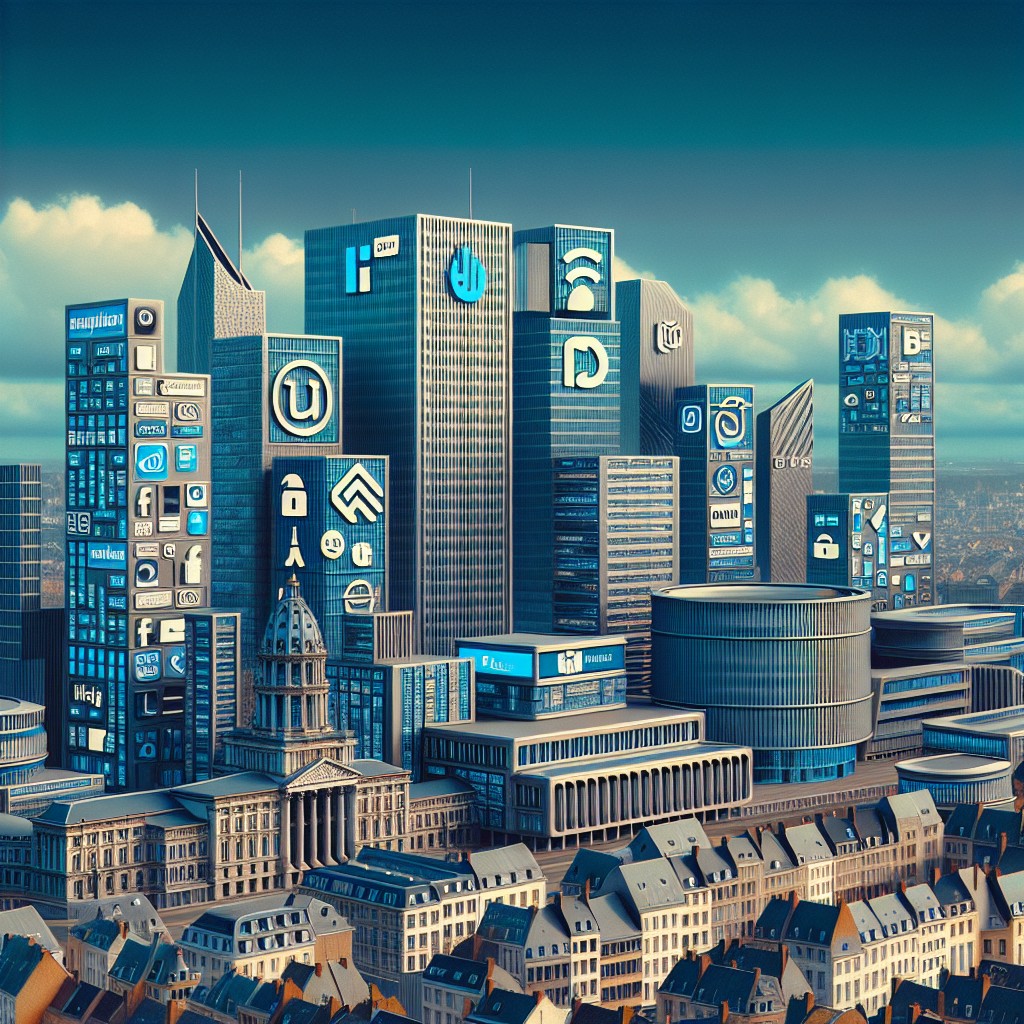 Vue panoramique de Bruxelles avec des bâtiments modernes et des logos de grandes entreprises technologiques comme Google et Microsoft.