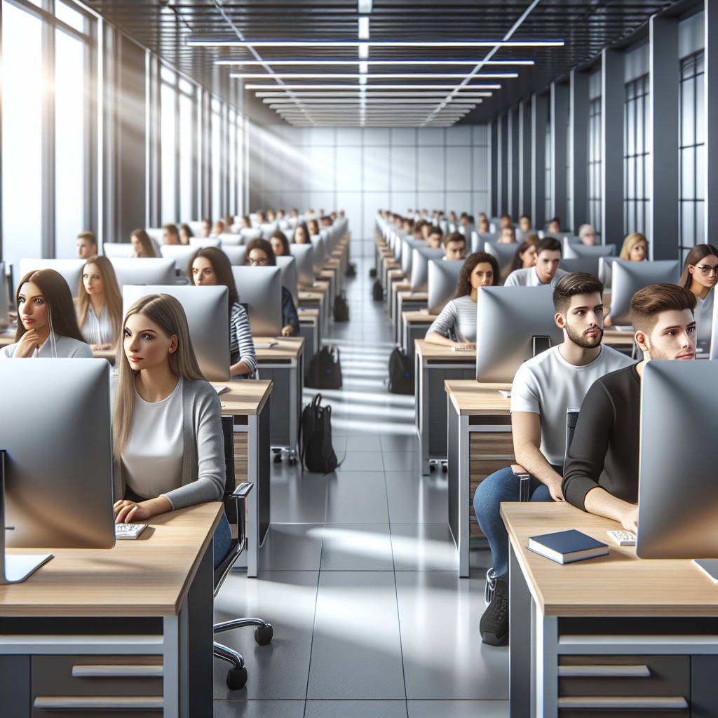 Une salle de classe moderne équipée d'ordinateurs, avec des étudiants attentifs en pleine formation digitale.