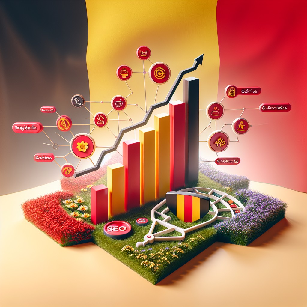 Image de couverture illustrant une croissance en e-commerce avec des éléments SEO, sur fond de drapeau belge.