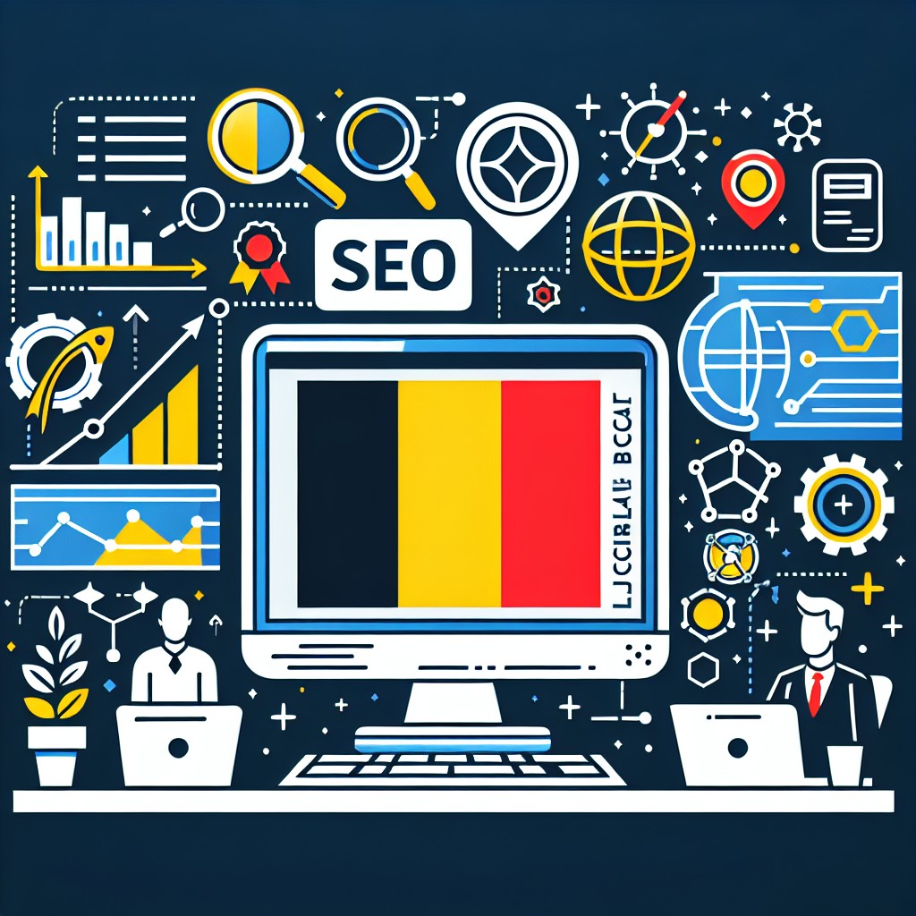 Image présentant une entreprise locale belge avec des éléments de recherche en ligne et optimisation SEO.