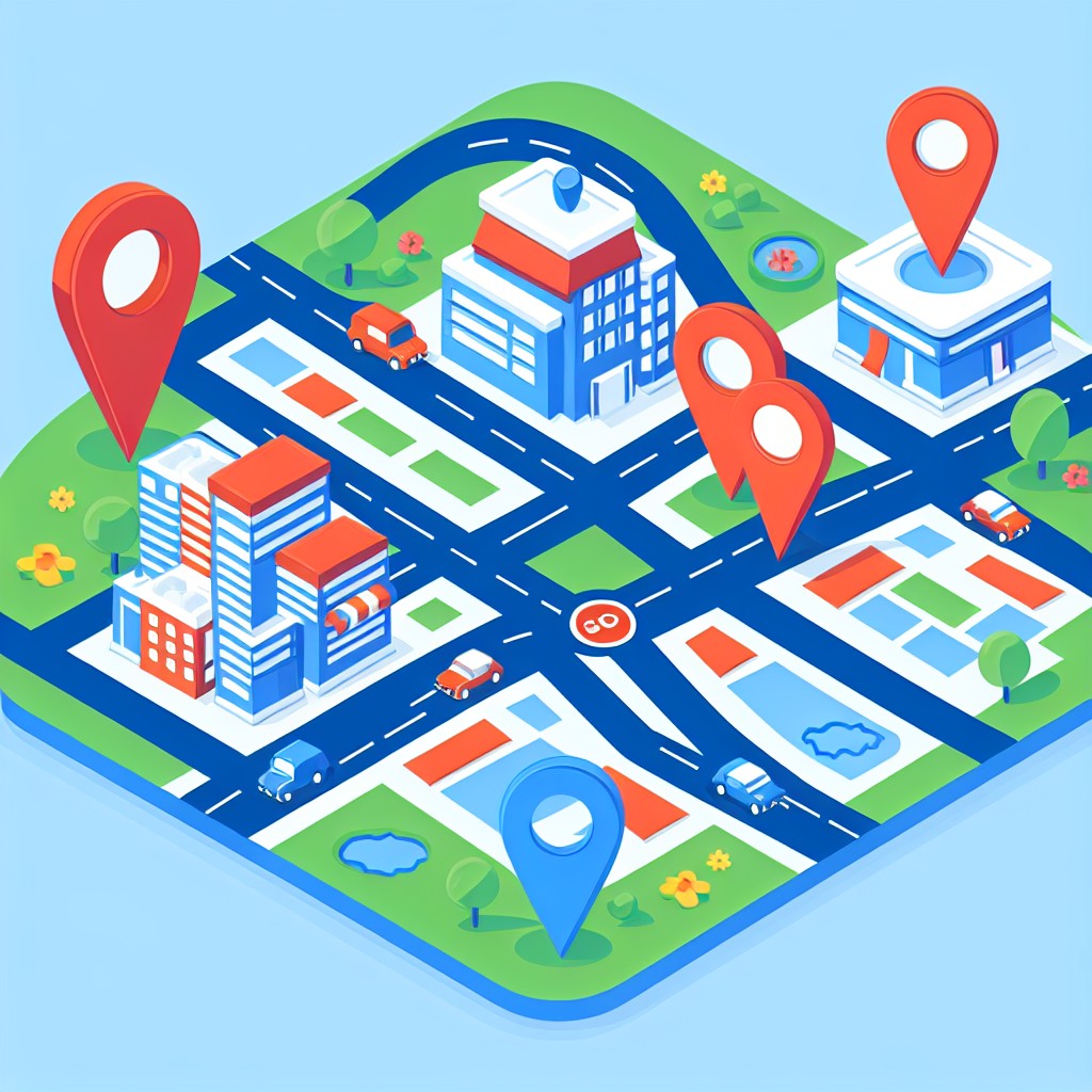 Illustration montrant une carte locale avec des marqueurs de positionnement SEO.