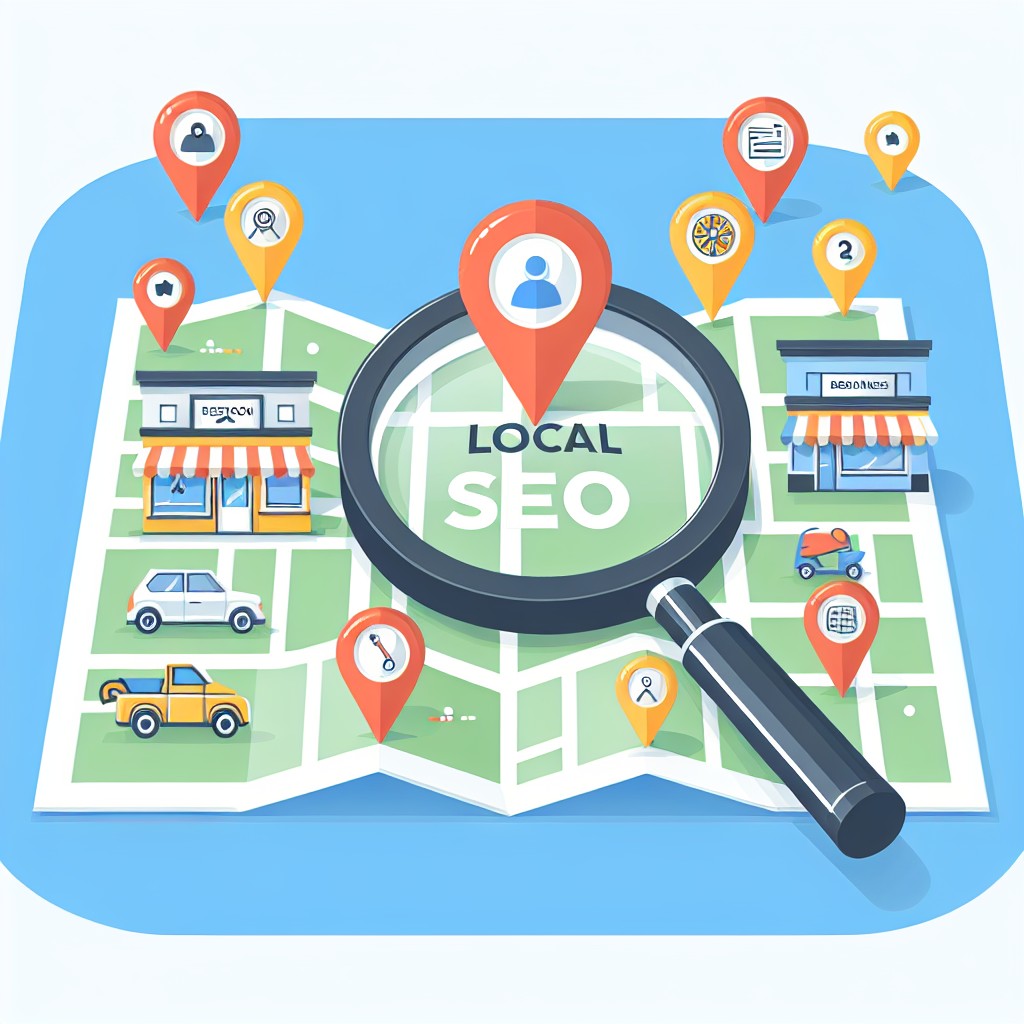 Couvrir SEO local avec une image montrant une carte locale et des repères géographiques indiquant des entreprises.