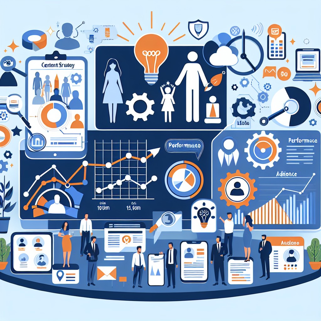 Illustration représentant une stratégie de contenu numérique réussie, incluant des éléments comme des graphiques de performance, des outils d'analyse, et des personas d'audience.