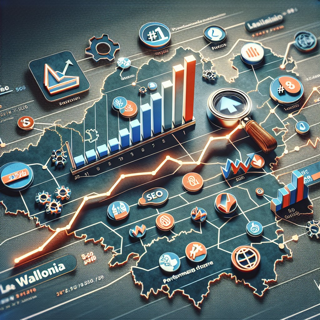 Couverture illustrant l'importance du SEO en Wallonie, montrant une carte avec des icônes de SEO et des graphiques de performance.