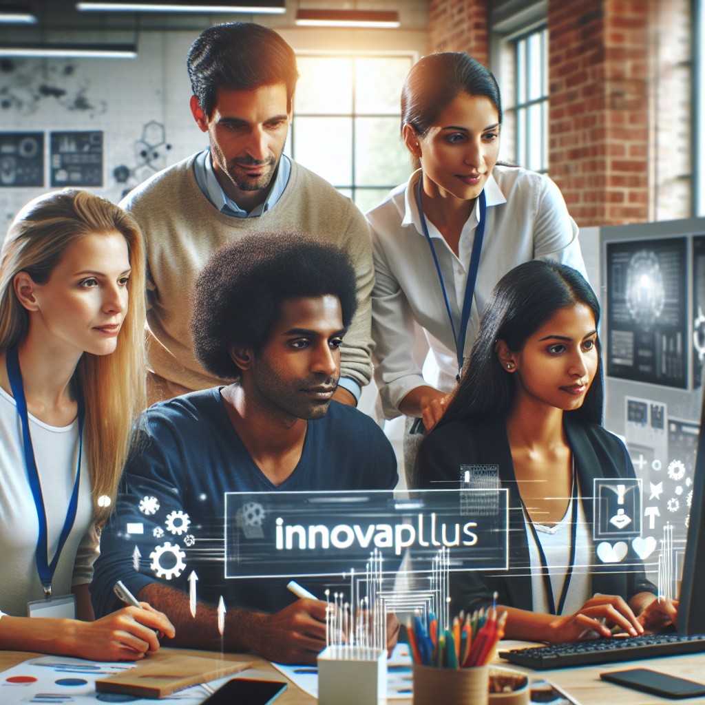 Une équipe diverse travaillant ensemble sur des solutions numériques avancées, symbolisant l'innovation et la collaboration chez Innovaplus.