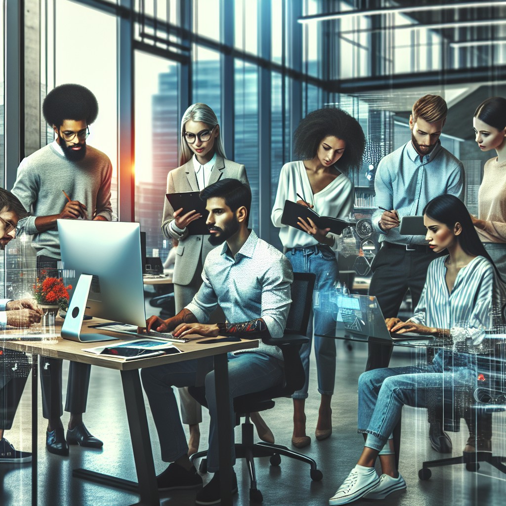 Une équipe de professionnels diversifiée collaborant dans un bureau moderne, symbolisant l'innovation et la diversité des services offerts par Innovaplus.