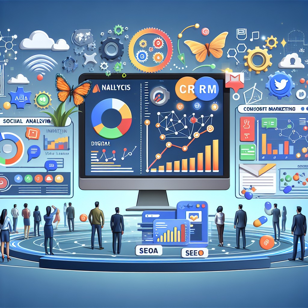 Illustration représentant l'intégration entre CRM et marketing digital, montrant une analyse de données et des outils de marketing en action.