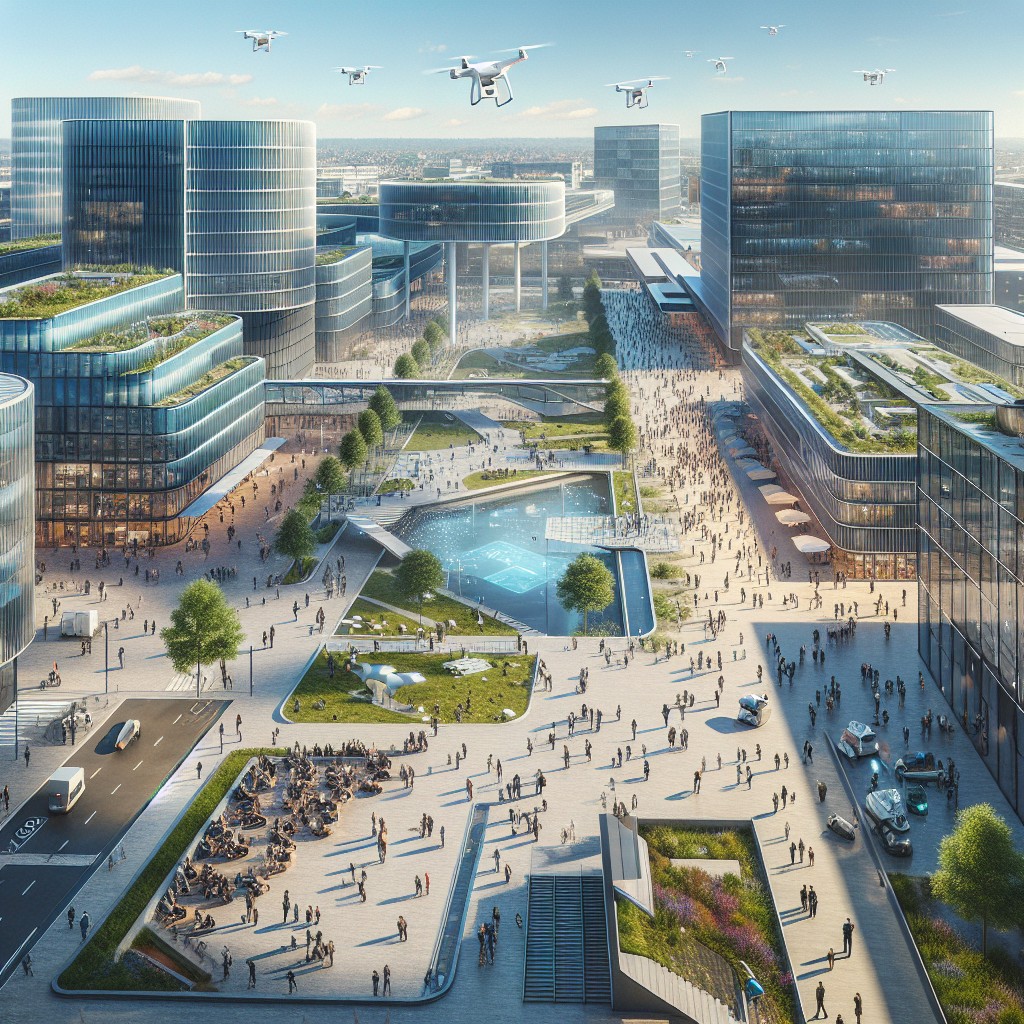 Vue panoramique d'un centre technologique moderne en Belgique, avec des startups florissantes et infrastructures numériques de pointe illustrant le dynamisme technologique belge.