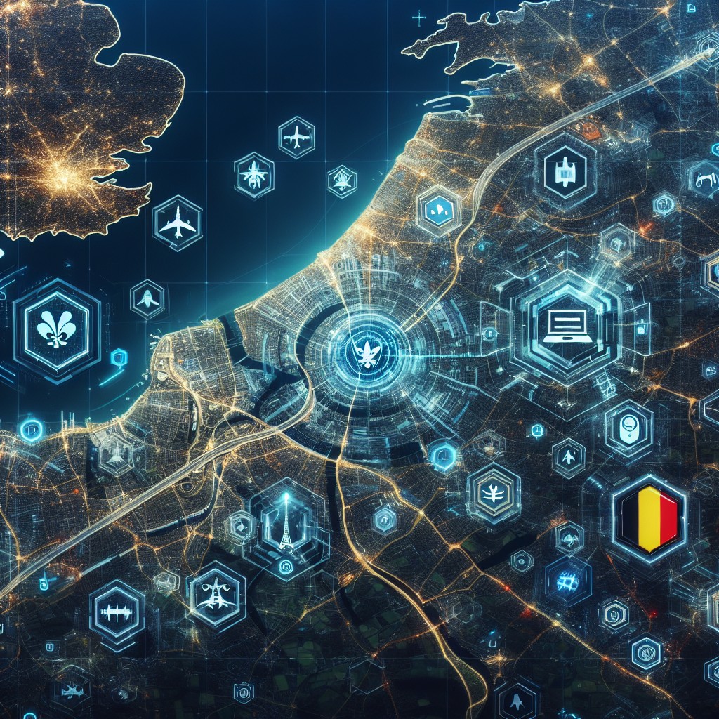 Vue aérienne illustrant la Belgique avec des icônes technologiques futuristes dispersées sur la carte.