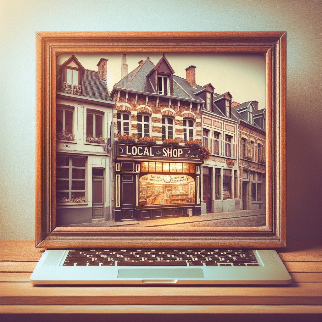 Photo d'un petit commerce local en Wallonie avec un site web affiché sur un écran d'ordinateur.