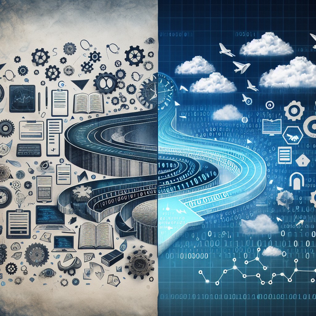 Une image représentant la transformation digitale avec des éléments technologiques modernes illustrant le passage des processus traditionnels au numérique.