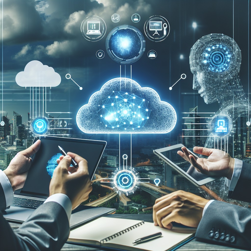 Image représentant la transformation numérique avec des éléments comme le cloud, l'intelligence artificielle, et des interfaces digitales.