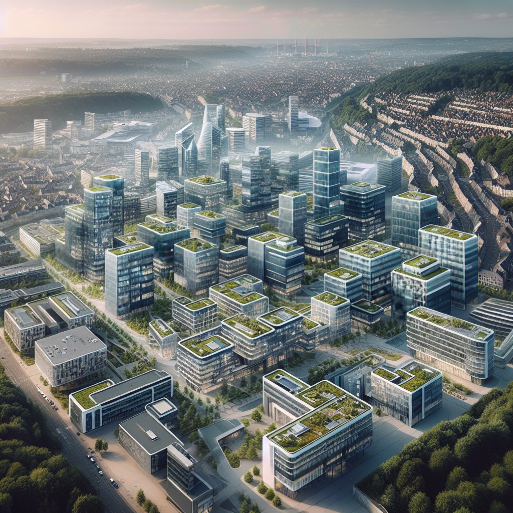 Vue aérienne de Louvain-la-Neuve mettant en valeur les infrastructures modernes et les parcs technologiques.