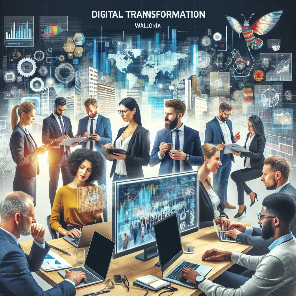 Image illustrant la transformation digitale des entreprises en Wallonie, avec des éléments technologiques modernes comme des écrans, des graphiques et des équipes collaborant.