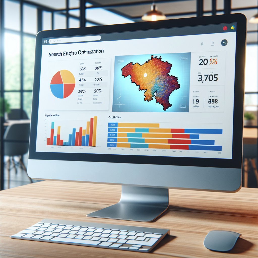 Image montrant une analyse de données SEO sur un écran d'ordinateur, représentative de l'optimisation pour la recherche locale en Belgique.