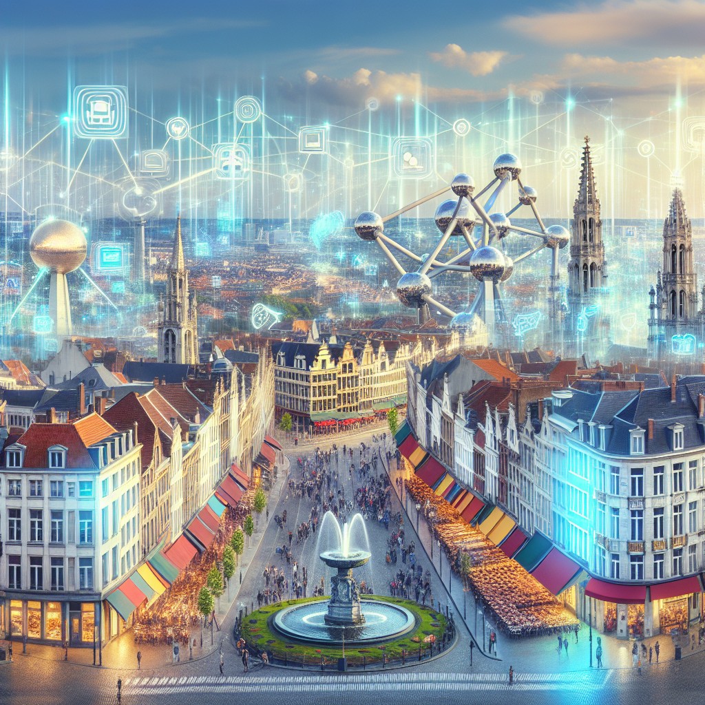 Vue de Bruxelles avec des éléments numériques symbolisant la transformation digitale du tourisme