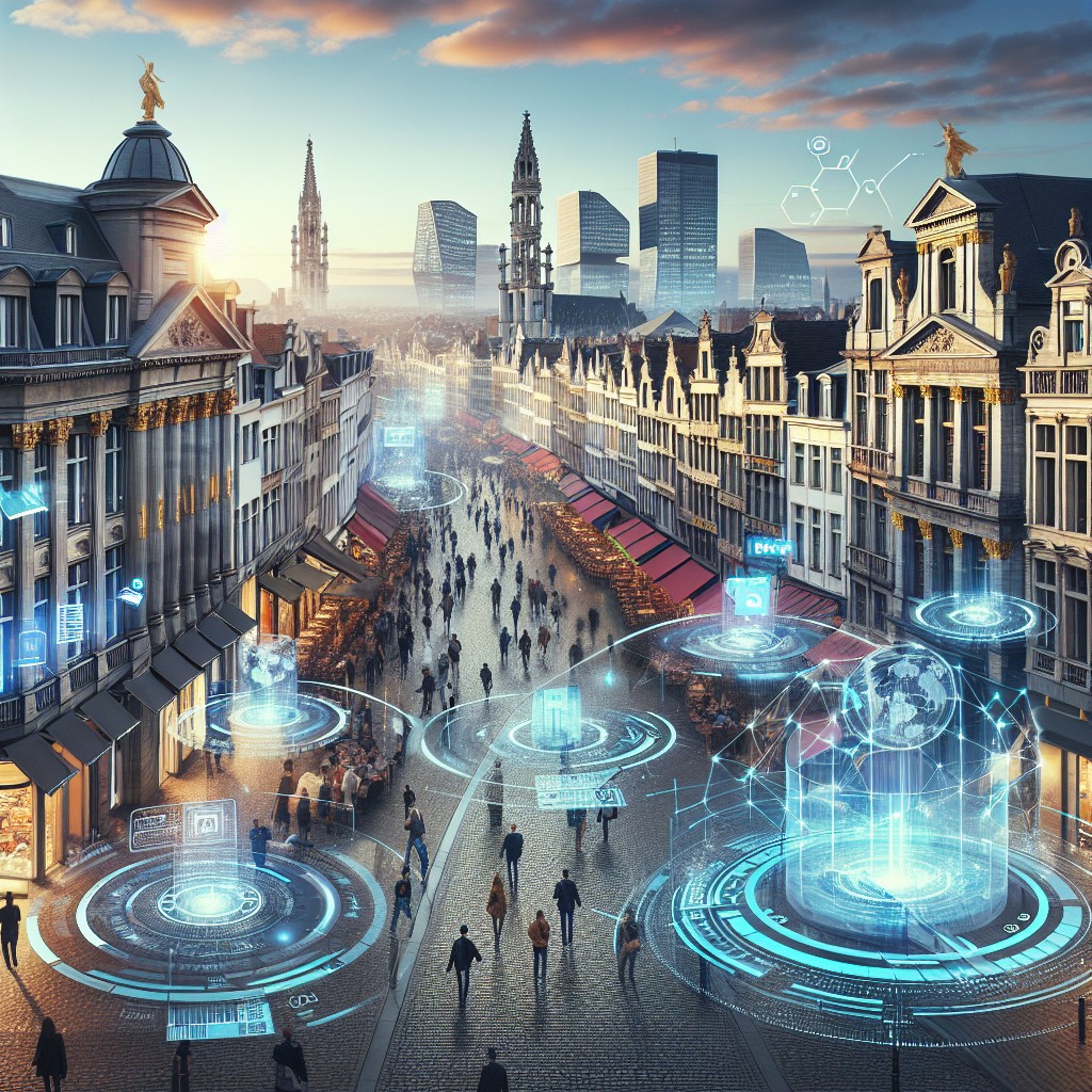 Vue futuriste de Bruxelles avec des éléments numériques intégrés, illustrant la transformation digitale du tourisme.