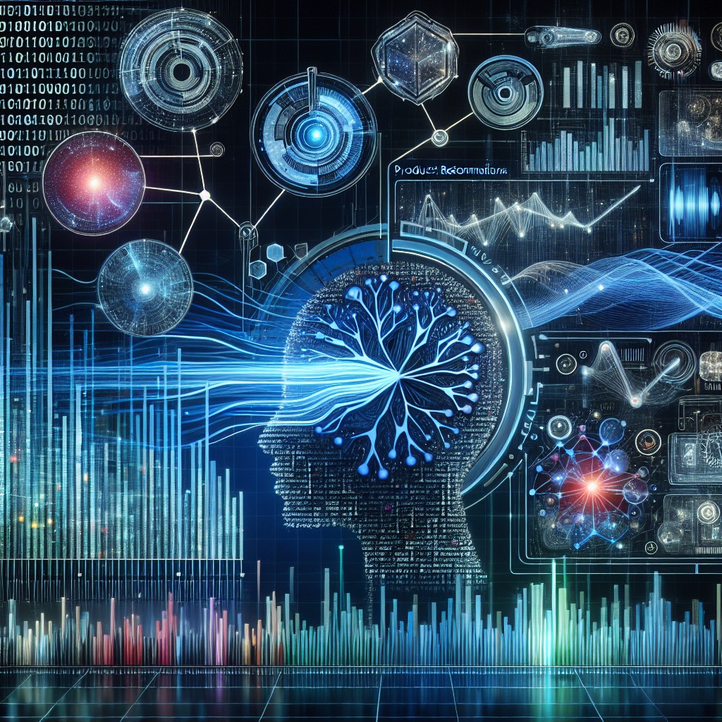 Une image représentant le concept de Machine Learning avec des graphiques de données et des suggestions de produits.