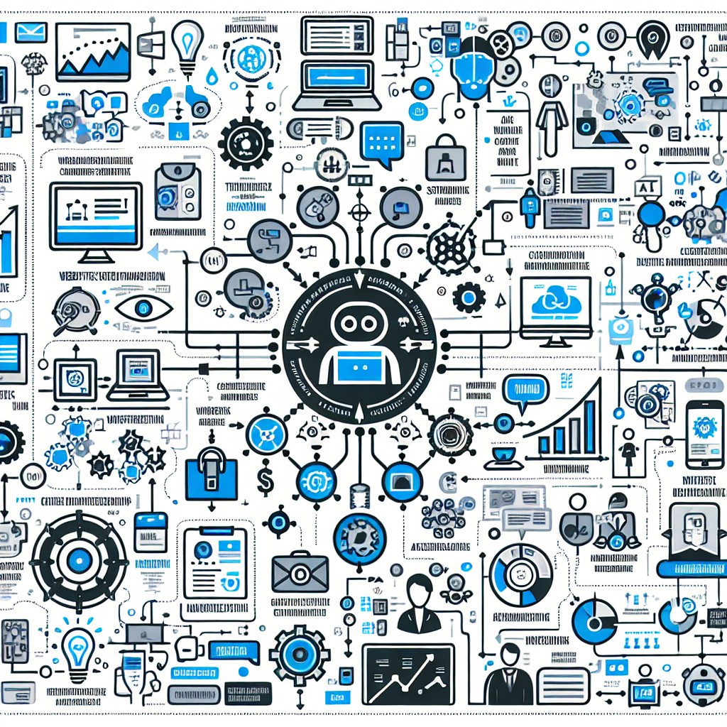 Une infographie représentant diverses applications du machine learning dans les entreprises, incluant la création de sites web, la gestion de la relation client et le marketing digital.