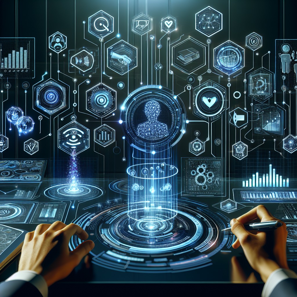 Visualisation futuriste d'algorithmes de machine learning intégrés dans une stratégie digitale d'entreprise avec des icônes de marketing, d'analyse de données et d'engagement client.