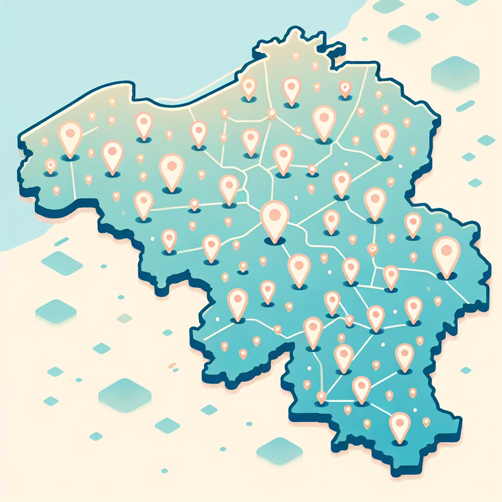 Image représentant une carte de la Belgique avec des points marquant les emplacements des PMEs, symbolisant l'impact du SEO local.