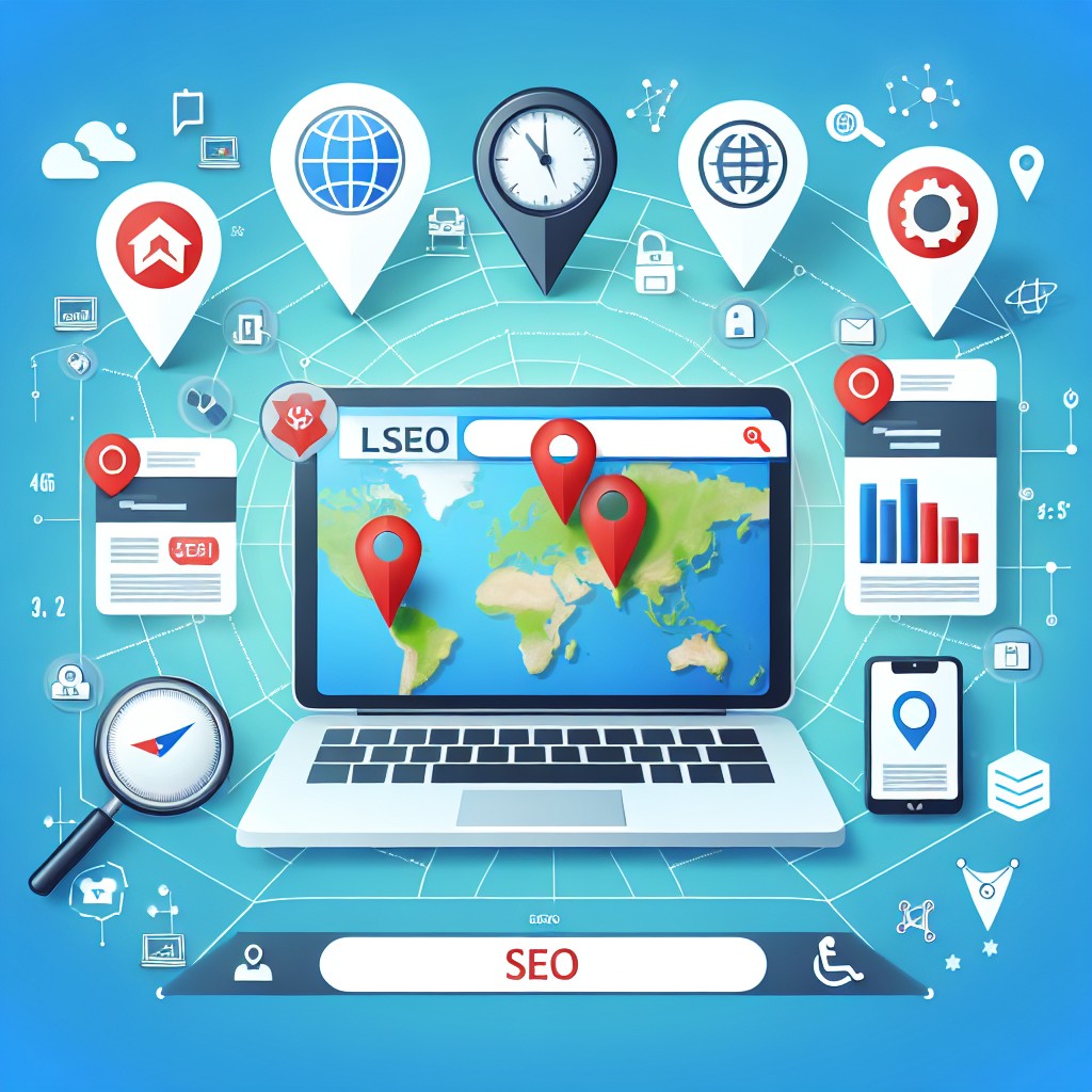 Représentation visuelle de techniques de SEO Local connexes, incluant un ordinateur portable, une carte géographique et des icônes de localisation.