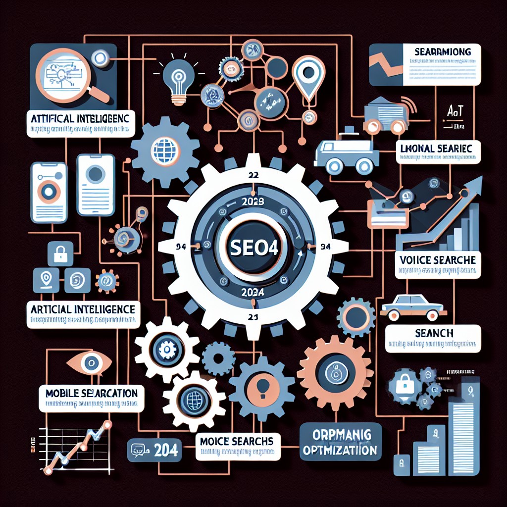 Graphique illustrant les tendances émergentes du SEO local en 2024, incluant l'IA, les recherches vocales et l'optimisation mobile.