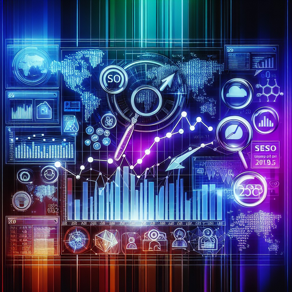 Image de couverture illustrant les tendances SEO en 2024, avec des éléments visuels comme des graphiques d'analyse de données et des icônes de moteurs de recherche.