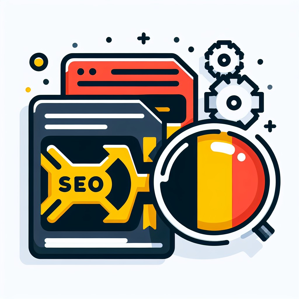 Une illustration des balises HTML avec des icônes représentant le SEO et le drapeau belge.