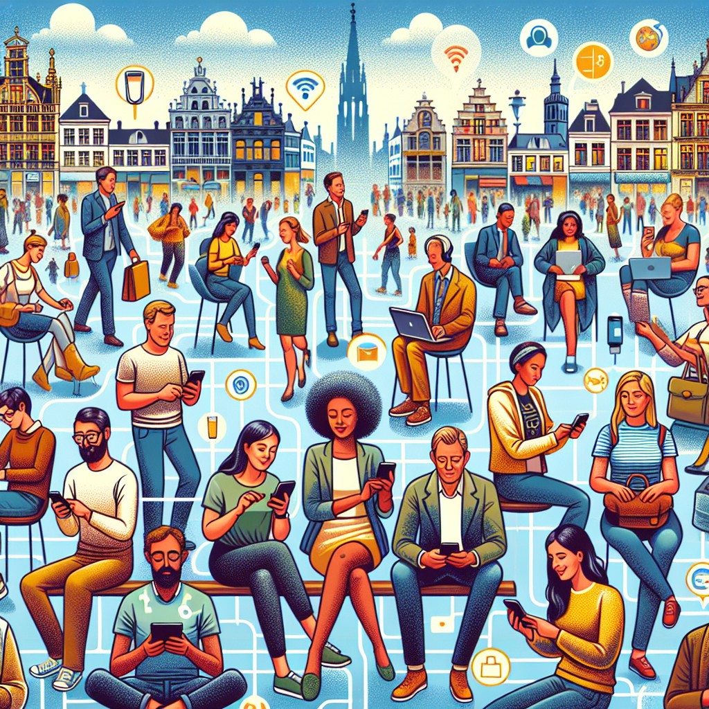 Illustration de l'évolution numérique en Belgique avec des personnes utilisant divers appareils connectés