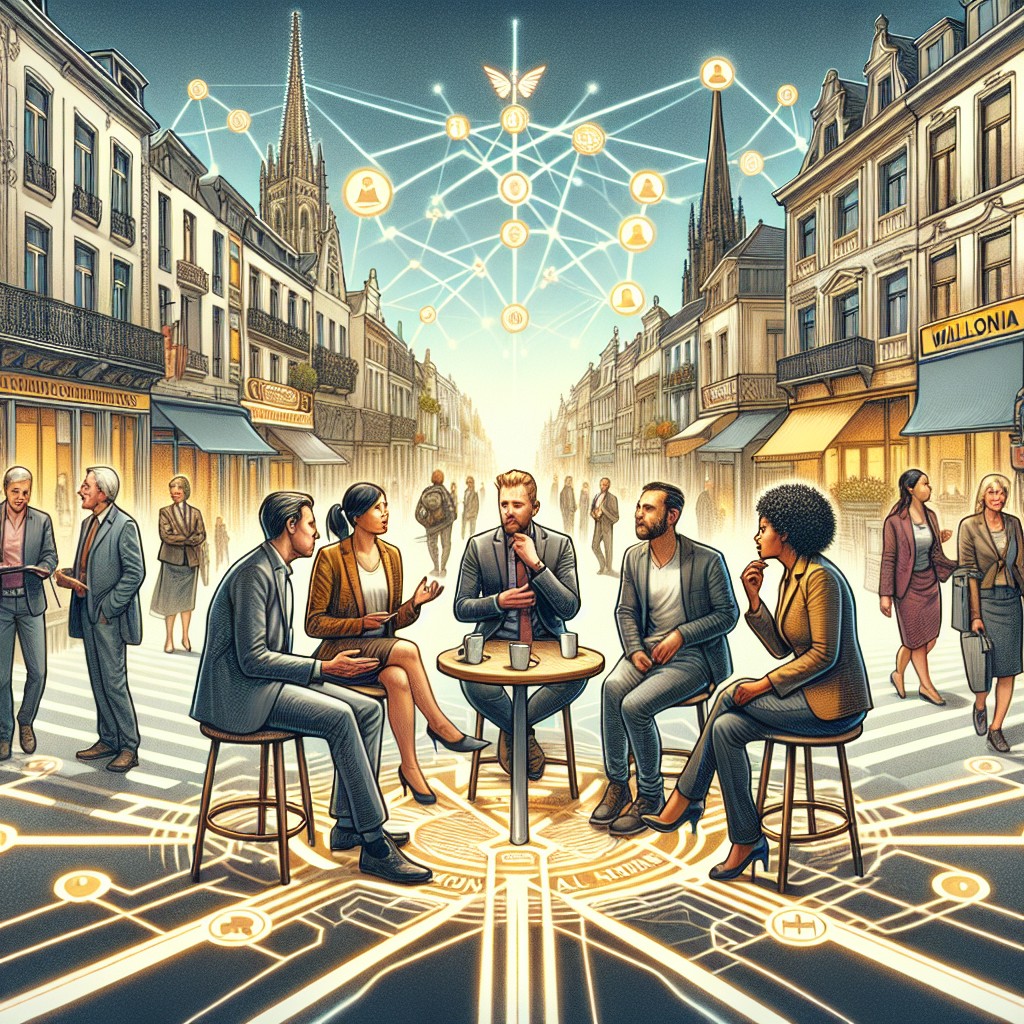 Image de couverture montrant une intersection animée symbolisant les réseaux sociaux au cœur de Wallonie avec des entrepreneurs en discussion.