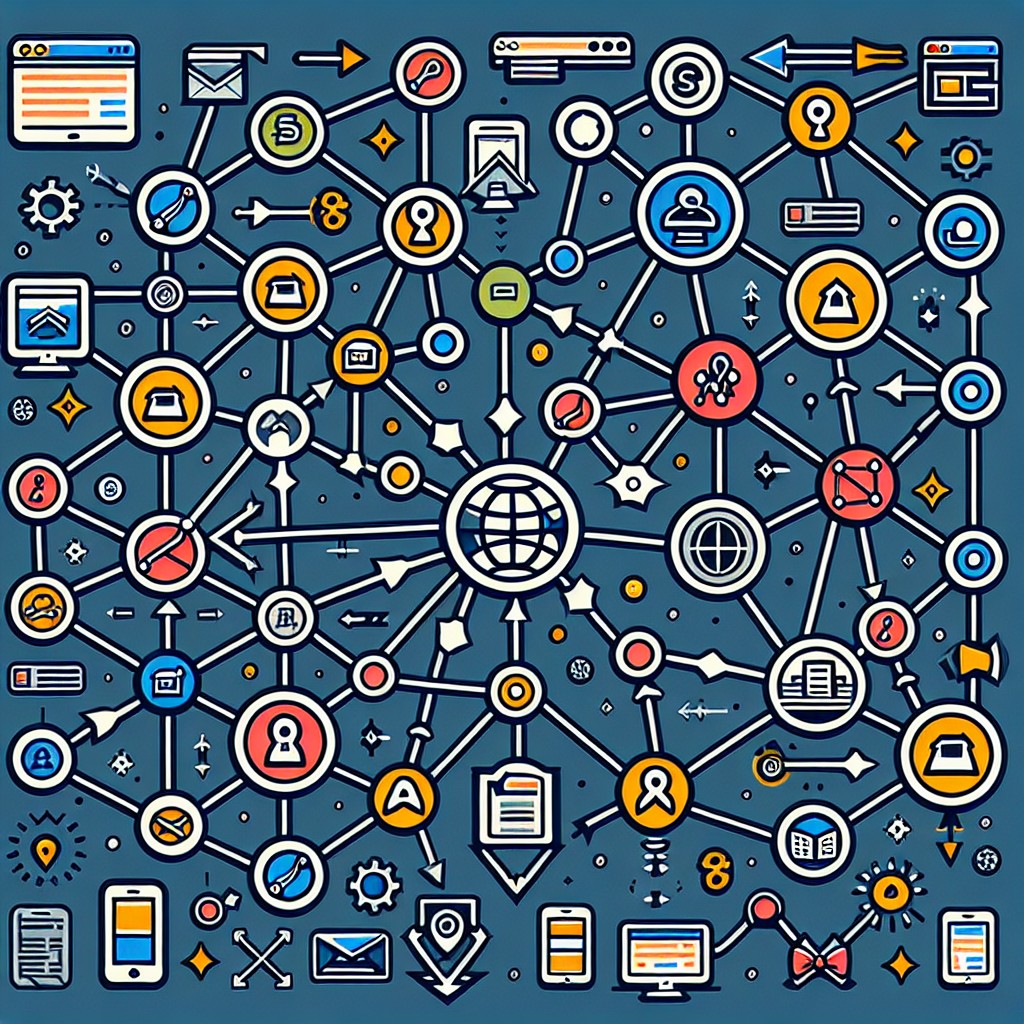 Image représentant un réseau de liens entre différents sites web pour illustrer l'importance des backlinks et des liens internes dans le SEO.