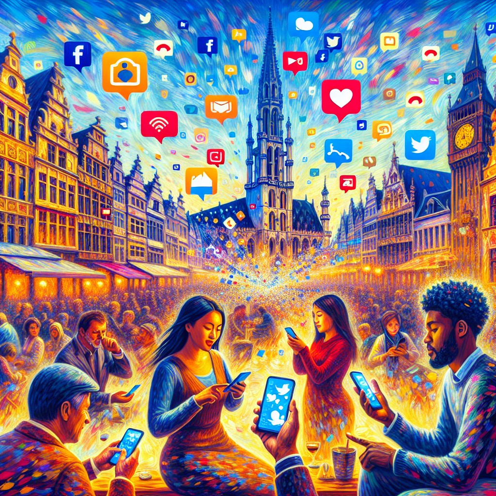 Couverture dynamique illustrant l'engagement des clients via les réseaux sociaux en Belgique