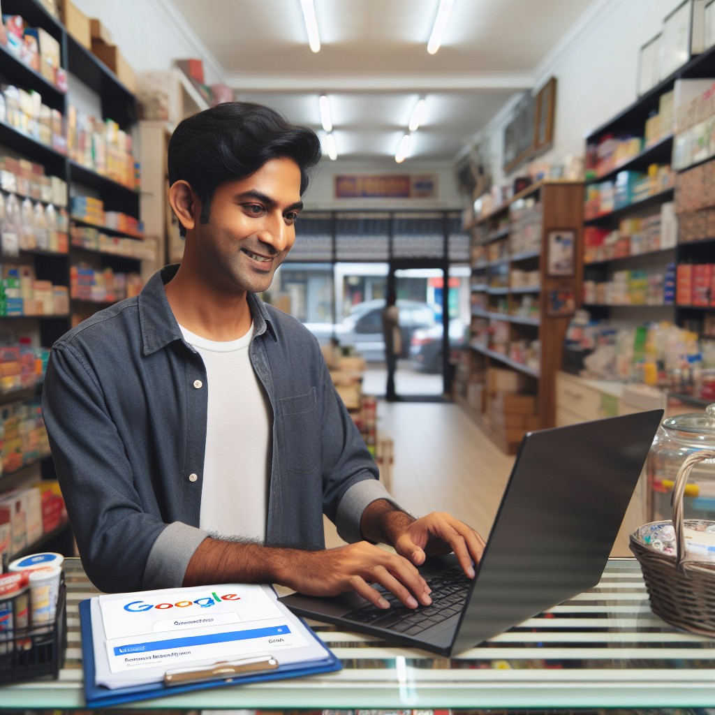 Un commerçant local utilisant un ordinateur portable pour mettre à jour son profil Google My Business, avec un magasin en arrière-plan