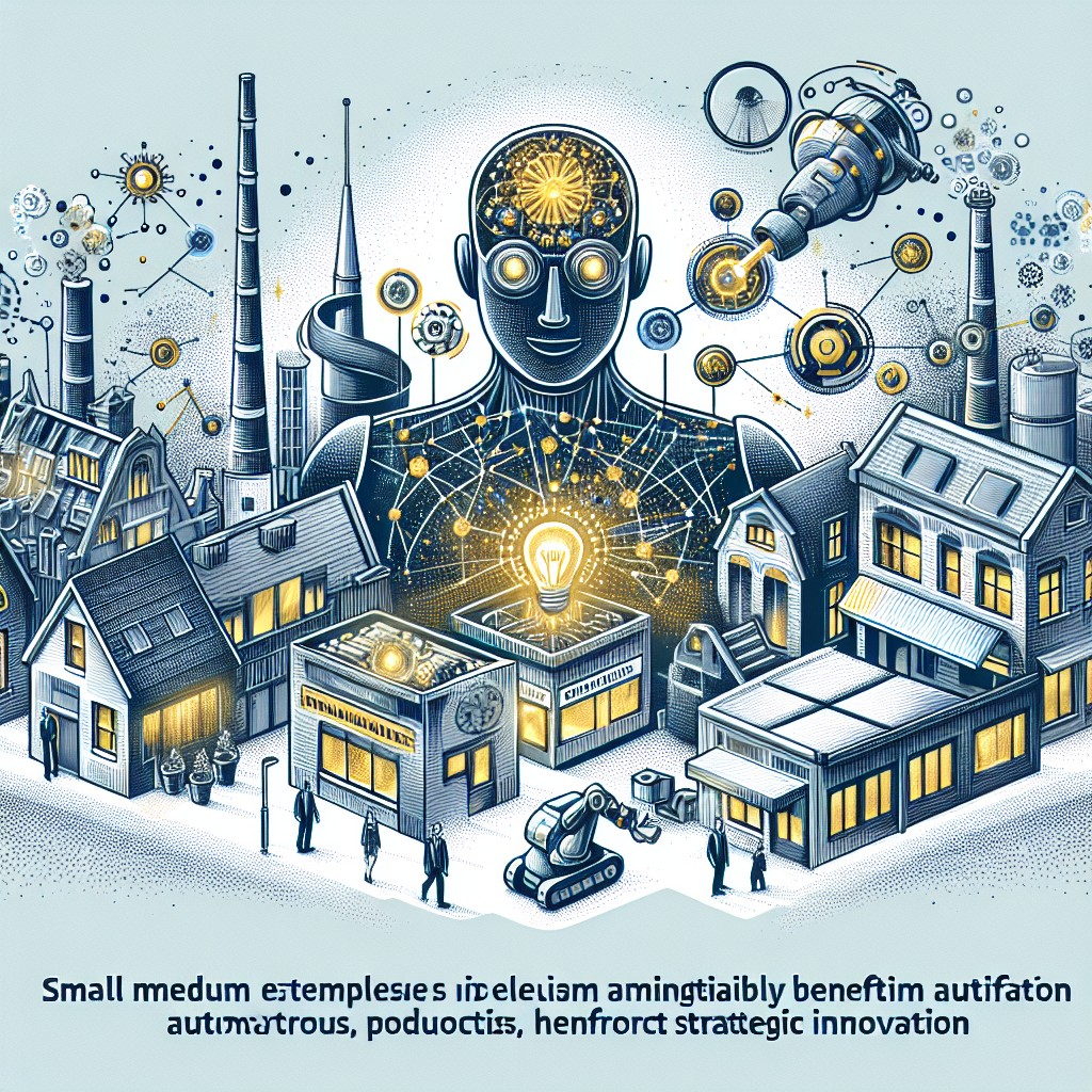 Une illustration montrant une PME belge concrètement bénéficier de l'Intelligence Artificielle avec des visuels d'automatisation et d'innovation.