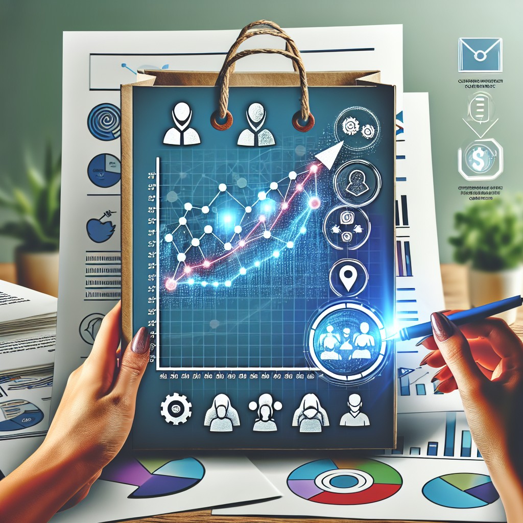 Image de couverture montrant un graphique représentant la croissance et l'engagement client grâce au marketing ciblé, avec des icônes de réseaux sociaux, d'analyse de données et de segment de marché.