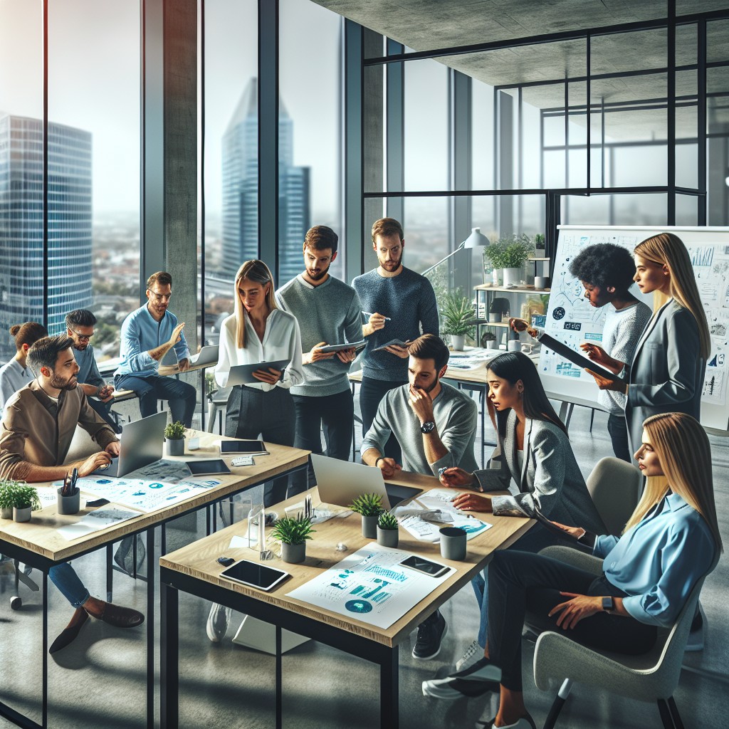 Image montrant une startup belge florissante avec des jeunes professionnels collaborant dans un environnement de bureau moderne.