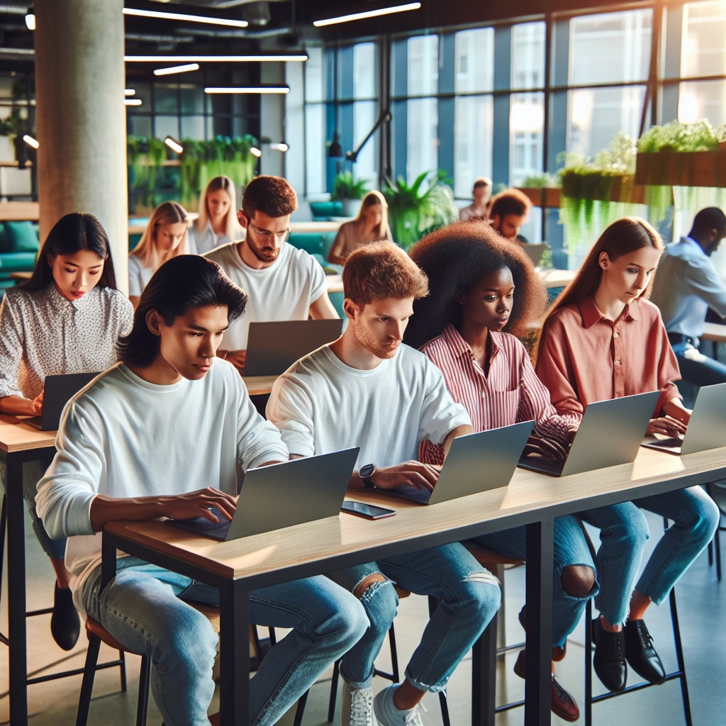 Jeunes entrepreneurs travaillant sur des laptops dans un espace de coworking moderne et dynamique, illustrant l'environnement fertile des startups wallonnes.