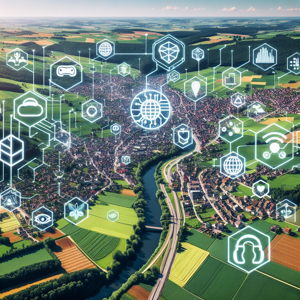 Vue aérienne de la Wallonie avec des représentations graphiques de technologies émergentes et d'innovations digitales