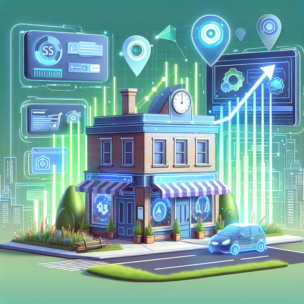 illustration d'une petite entreprise bénéficiant de l'Intelligence Artificielle pour son référencement local, avec des graphiques de croissance.