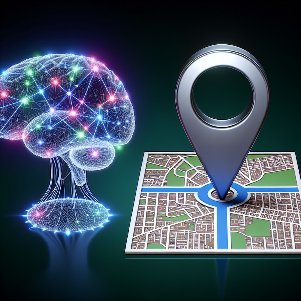 Image illustrant une intersection entre l'IA et le référencement local, avec des graphismes de réseaux neuronaux et une map localisée.